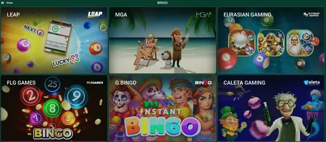Bingo section with Leap, MGA, Eurasian Gaming, FLG Games, G.Bingo and Caleta studios