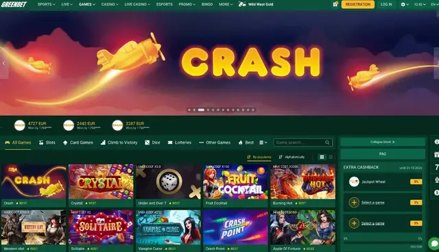 Official site games lobby with the Crash banner and instant game tiles