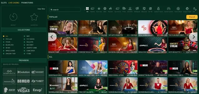 Live casino lobby with roulette, baccarat and blackjack tables