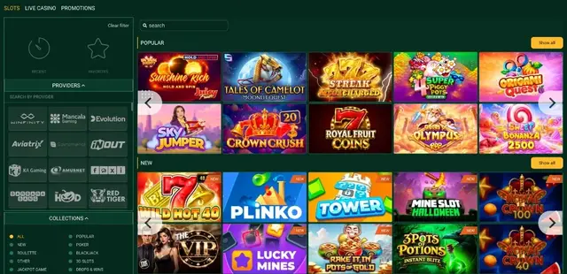 Slots lobby with Sunshine Rich, Gates of Olympus, Sweet Bonanza 2500 and new releases